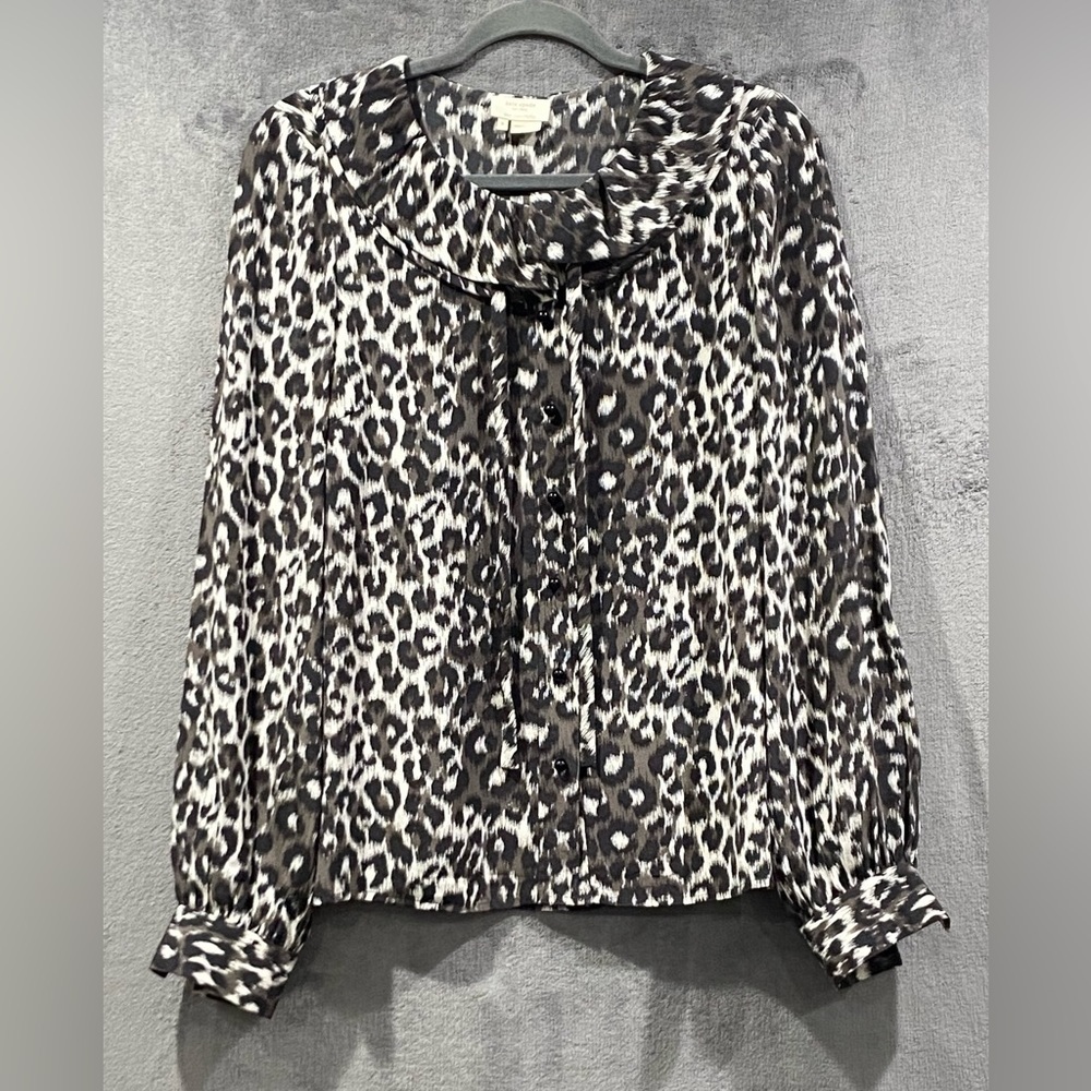 Kate Spade New York Silk Button Up Ruffle Neckline Shirt Leopard Print Women’s 8